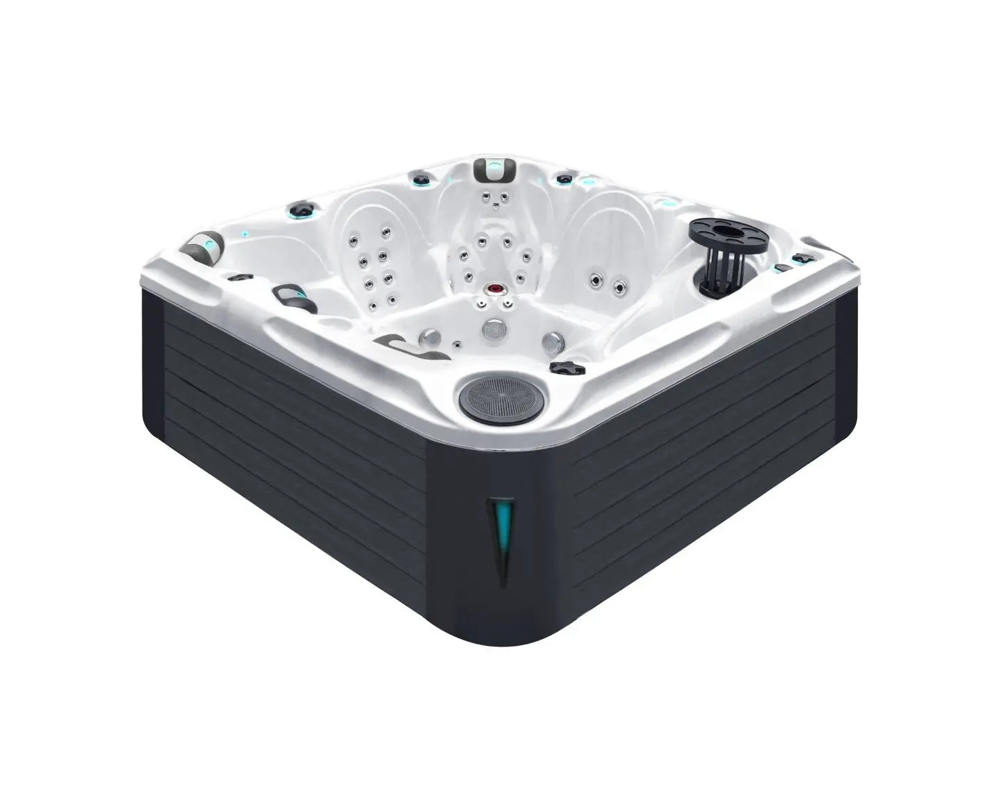 Aerial view of Admire luxury hot tub featuring multiple seats and massage jets in white shell design - Passion Spas Signature Collection;Admire luxury hot tub with white shell, dark cabinet, multiple jets and ergonomic seating for 6+ persons - Passion Spas Signature Collection