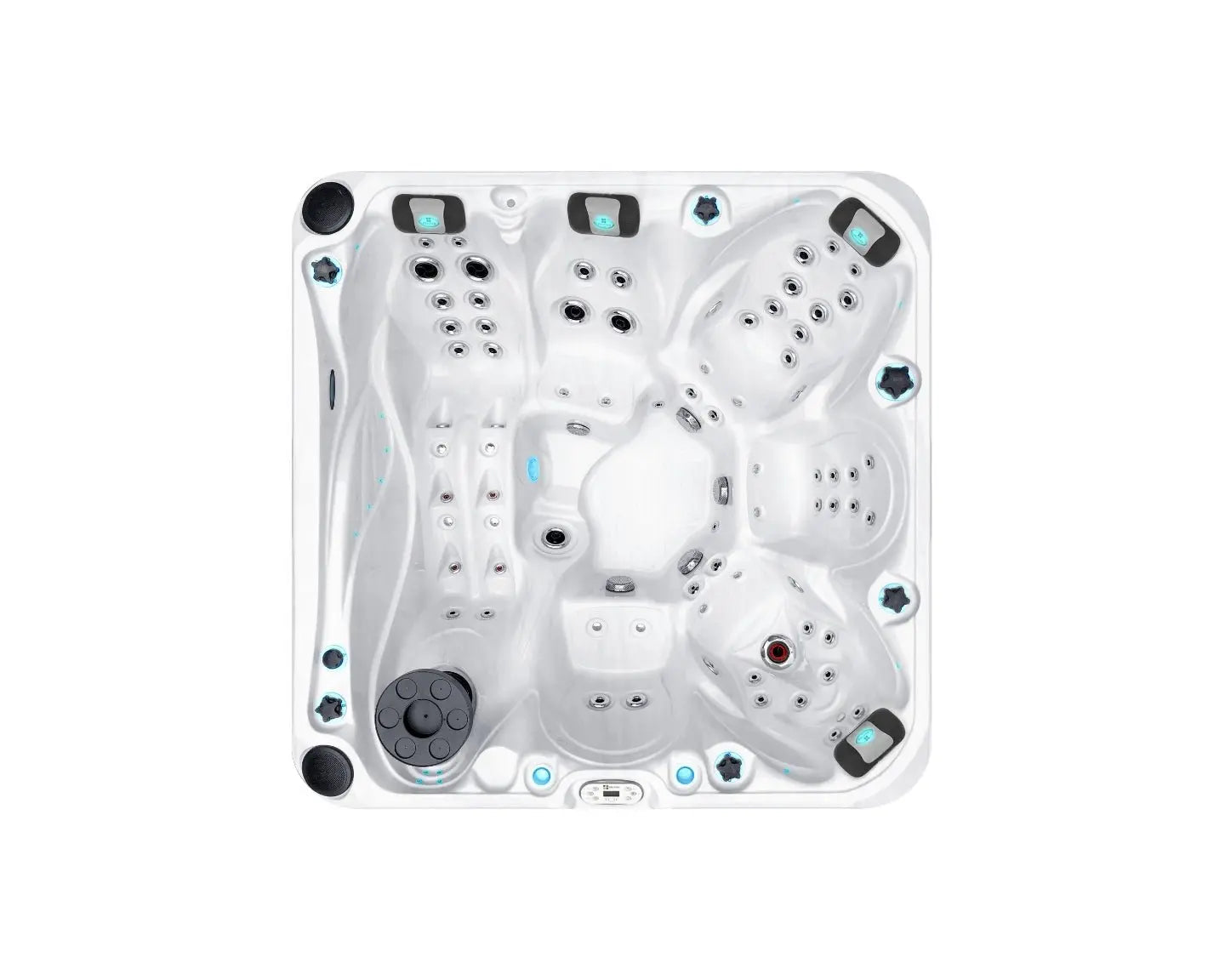 Aerial view of Admire luxury hot tub featuring multiple seats and massage jets in white shell design - Passion Spas Signature Collection;Admire luxury hot tub with white shell, dark cabinet, multiple jets and ergonomic seating for 6+ persons - Passion Spas Signature Collection