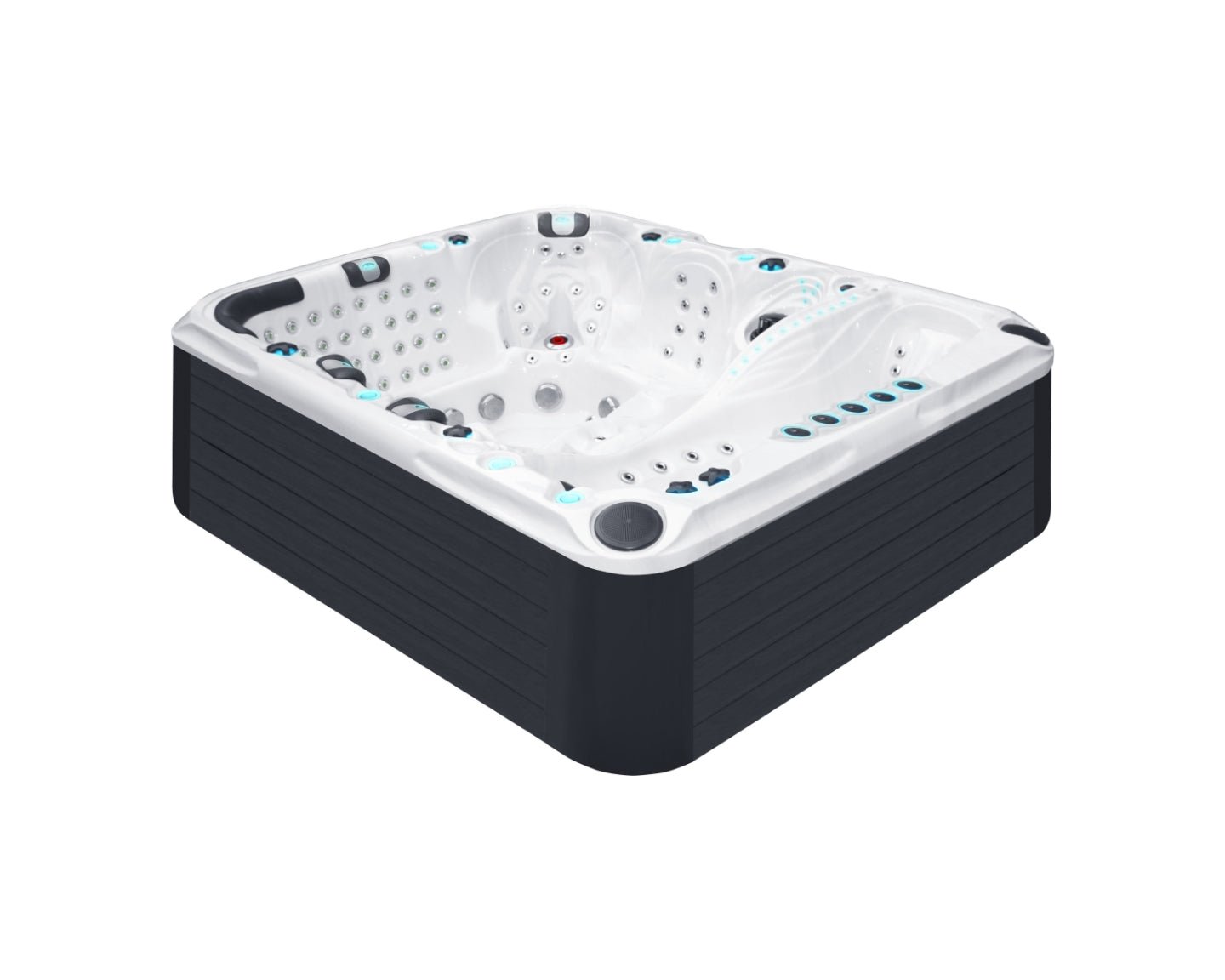 Ecstatic 7-person luxury hot tub with Levitation Bed and 150 jets, white interior and black cabinet - Passion Spas Exclusive Collection