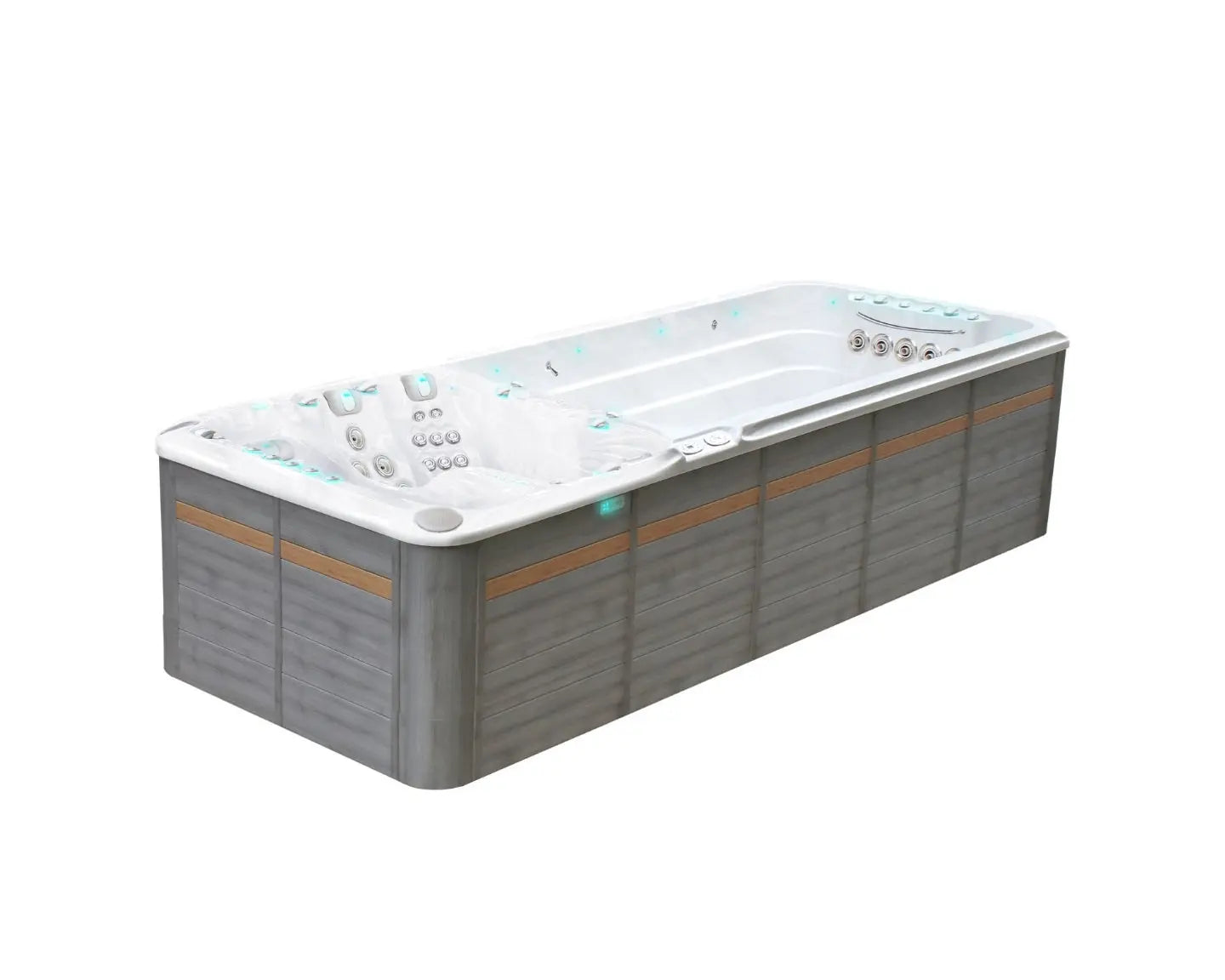 Witte zwemspa Energy Deep met zitgedeelte en swimspa voor buitengebruik, jacuzzi kopen.;;Witte zwemspa met meerdere jets en loungestoelen, ideaal als jacuzzi buiten of swimspa.