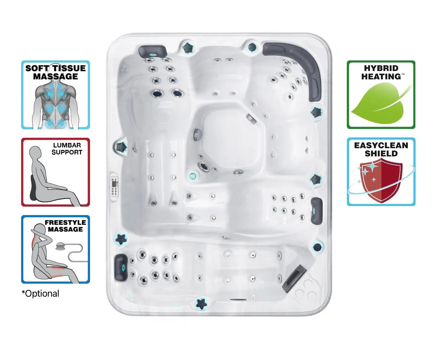 Modern white Repose spa with three ergonomic loungers and hydrotherapy jets, showcasing luxurious interior - Passion Spas Pure Collection;Passion Spas Spa Repose - Home & Garden > Pool & Spa > Spas Spa;Zes persoons witte jacuzzi buiten met donkergrijze behuizing en ingebouwde zwemspa functies.