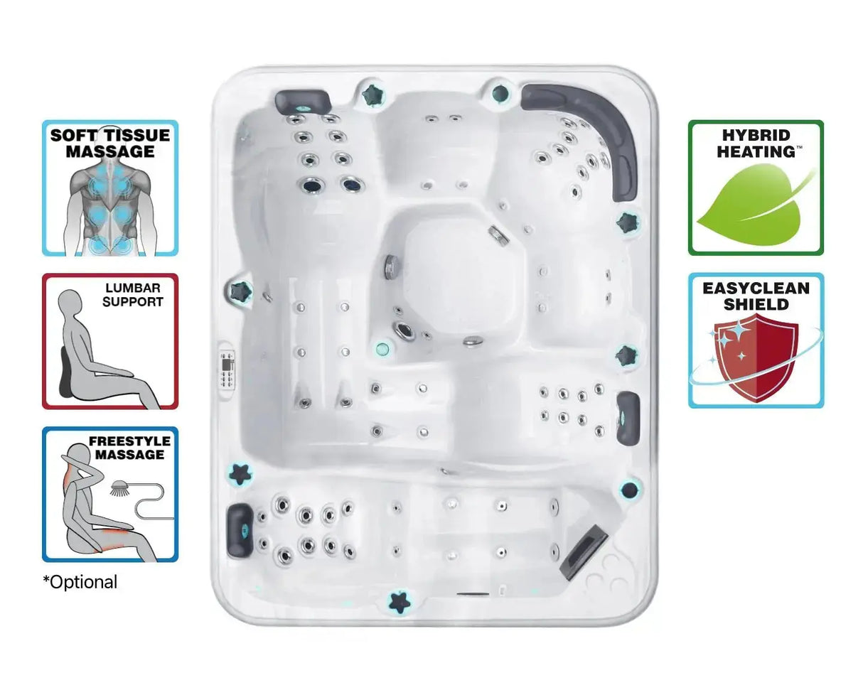 Modern white Repose spa with three ergonomic loungers and hydrotherapy jets, showcasing luxurious interior - Passion Spas Pure Collection;Passion Spas Spa Repose - Home & Garden > Pool & Spa > Spas Spa;Zes persoons witte jacuzzi buiten met donkergrijze behuizing en ingebouwde zwemspa functies.