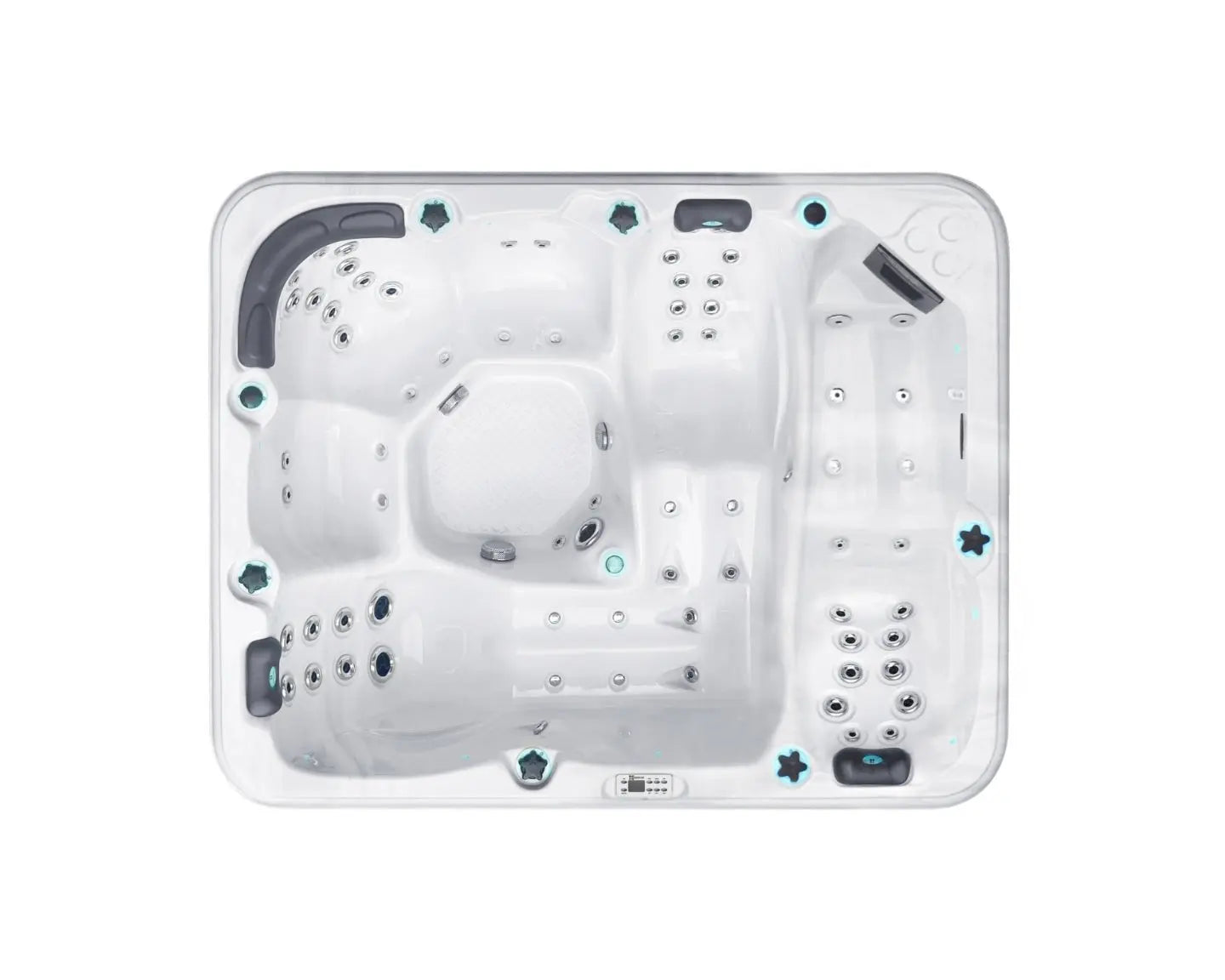 Modern white Repose spa with three ergonomic loungers and hydrotherapy jets, showcasing luxurious interior - Passion Spas Pure Collection