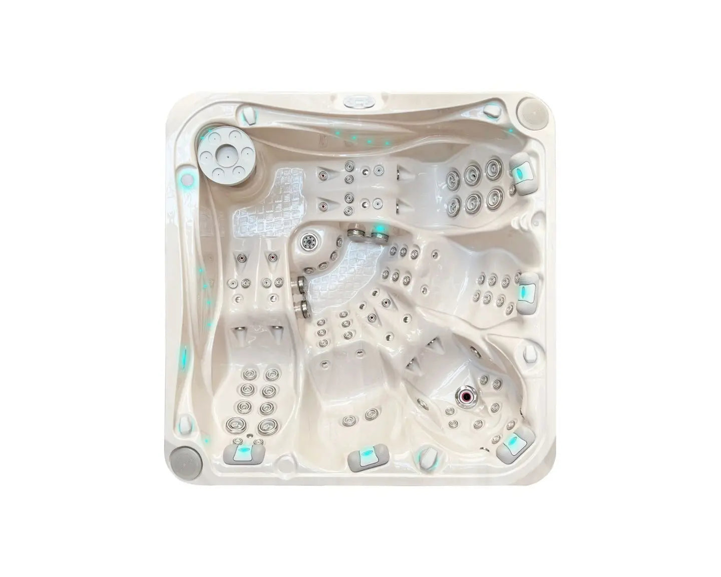 Witte 5-persoons jacuzzi buiten met verschillende zitplaatsen en krachtige jets voor zwemspa en swimspa gebruik.