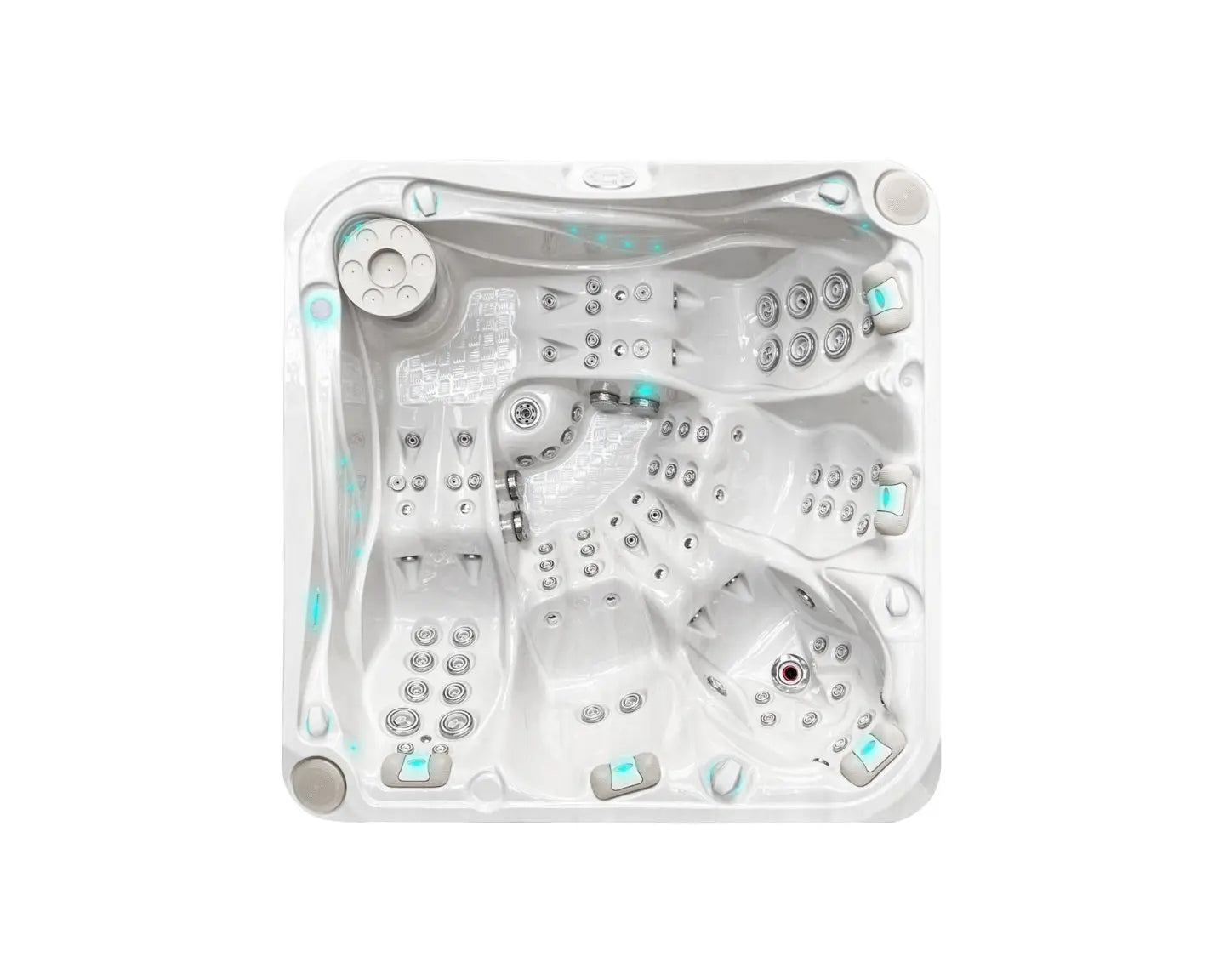 Witte 5-persoons jacuzzi buiten met meerdere jets en comfortabele zitplaatsen swimspa zwemspa.