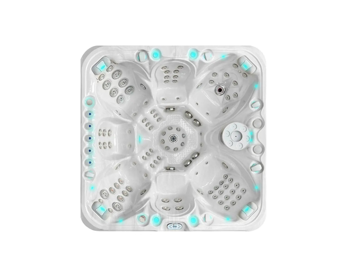 Witte 7-persoons jacuzzi met verstelbare jets en blauwe ledverlichting, perfecte swimspa voor buitengebruik.