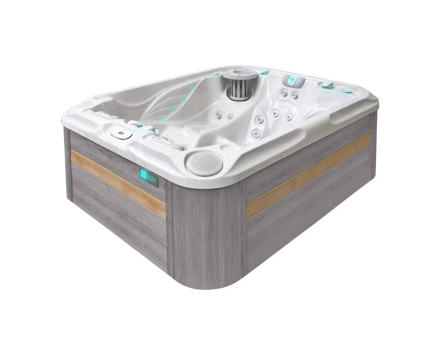 Moderne 3-persoons jacuzzi buiten met grijs paneel en wit interieur, ideaal als zwemspa of swimspa.