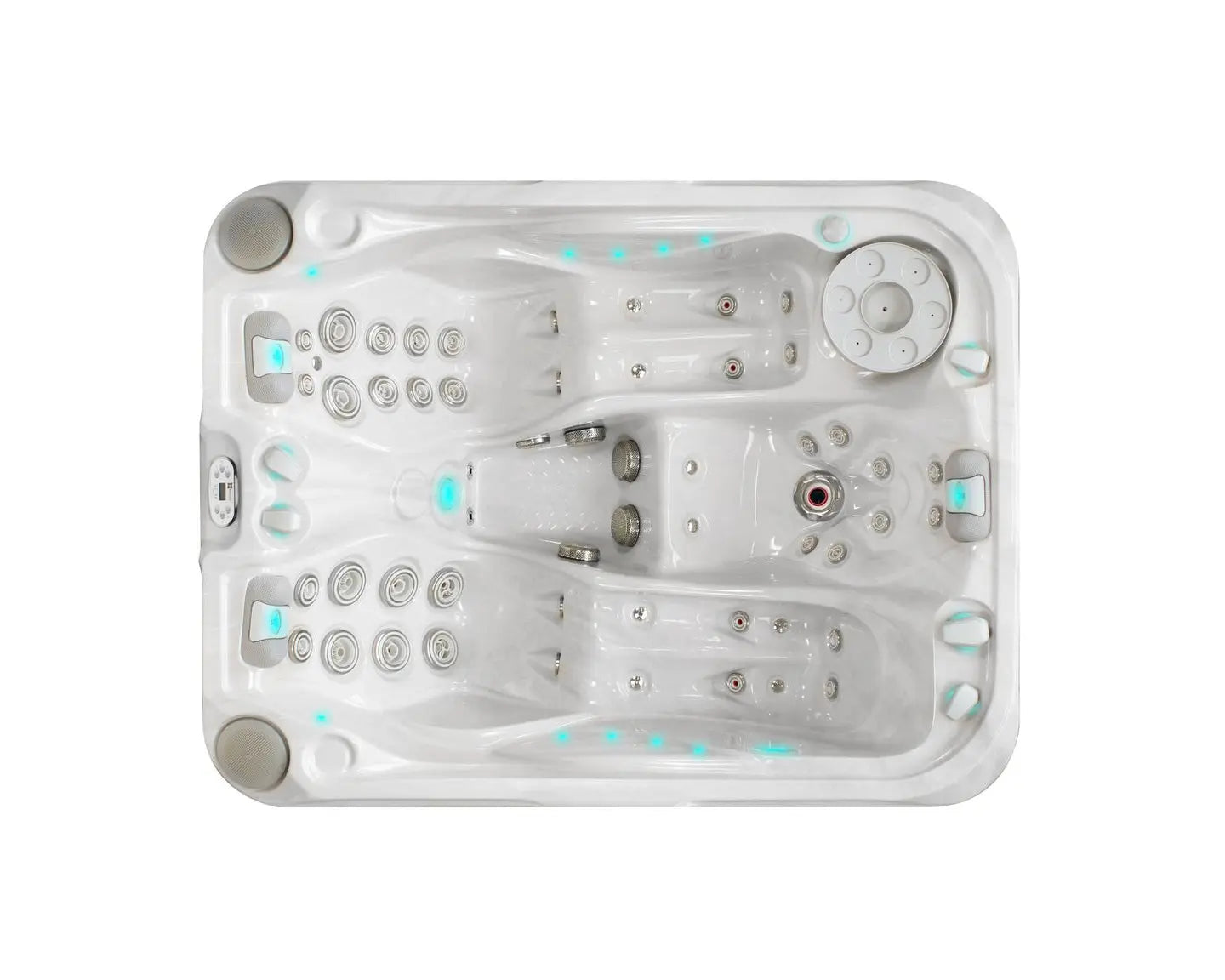 Witte 3-persoons jacuzzi met verstelbare jets en blauwe ledverlichting voor buitenzwemspa en swimspa gebruik.