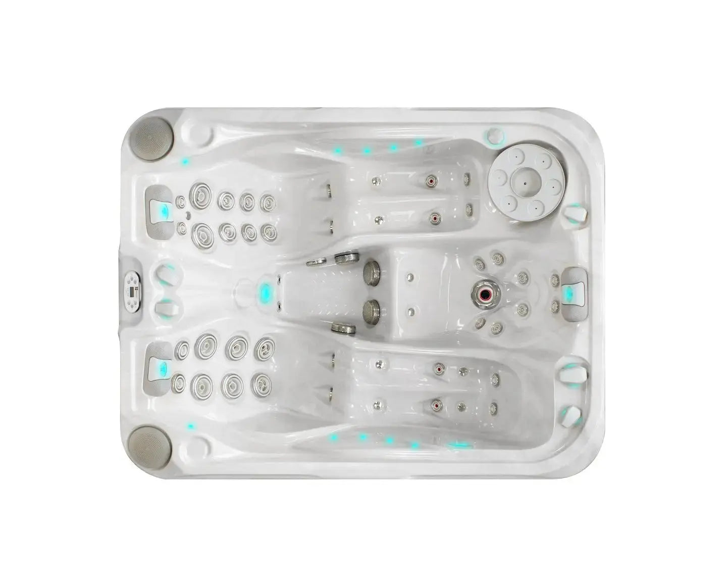 Witte 3-persoons jacuzzi met verstelbare jets en blauwe ledverlichting voor buitenzwemspa en swimspa gebruik.