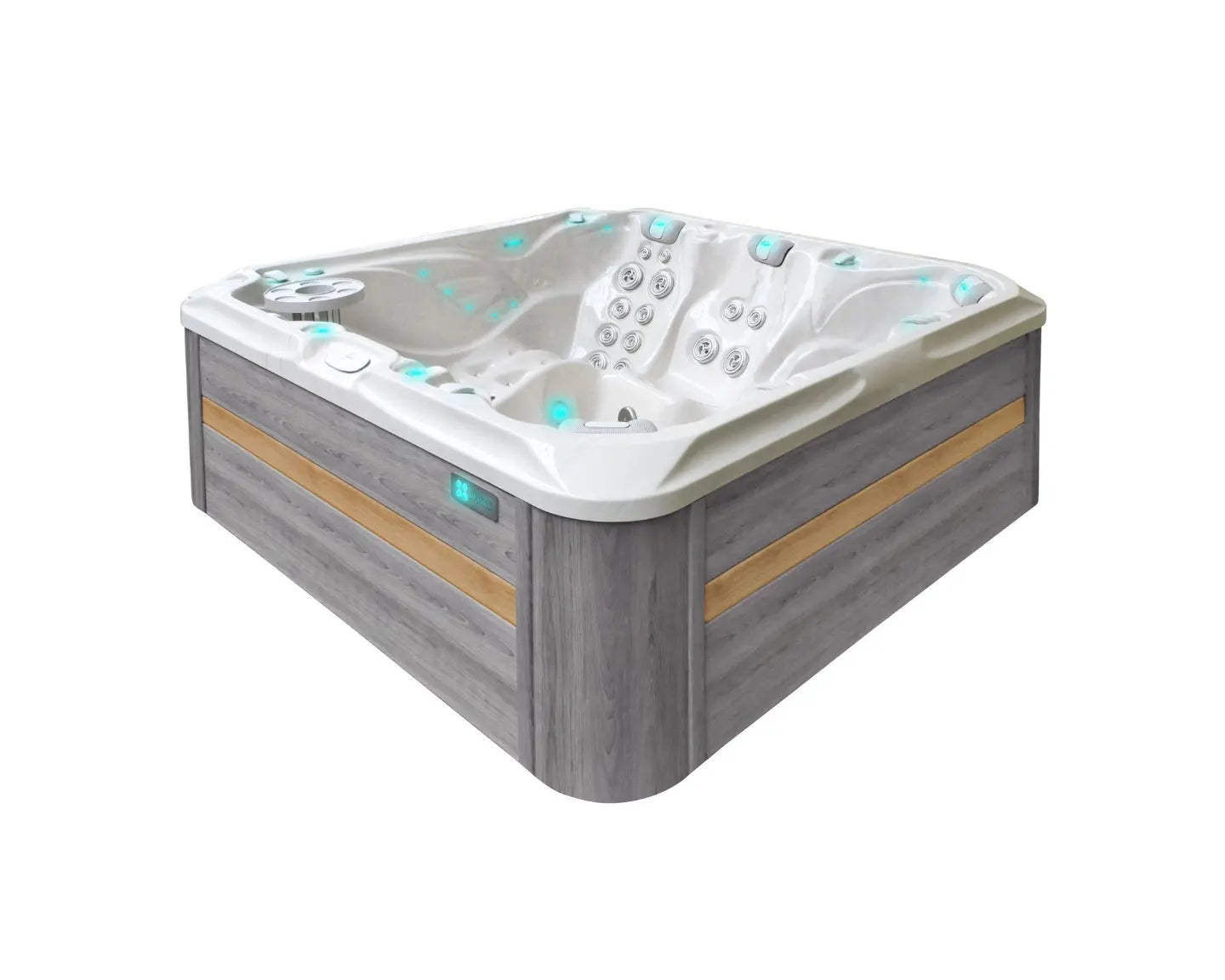 Moderne 6-persoons jacuzzi met grijs, houtnerf buitenframe en witte binnenkuip, ideale swimspa voor buitengebruik.