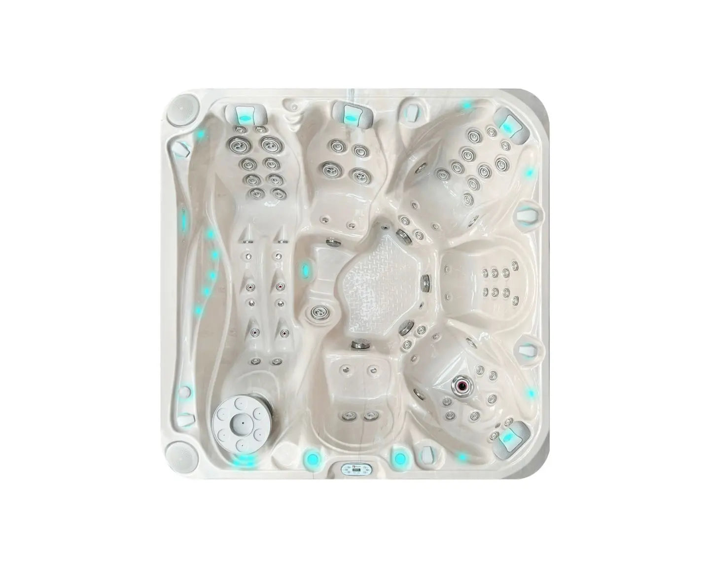 Witte 6-persoons jacuzzi buiten met meerdere jets en blauwe ledverlichting, ideale swimspa.