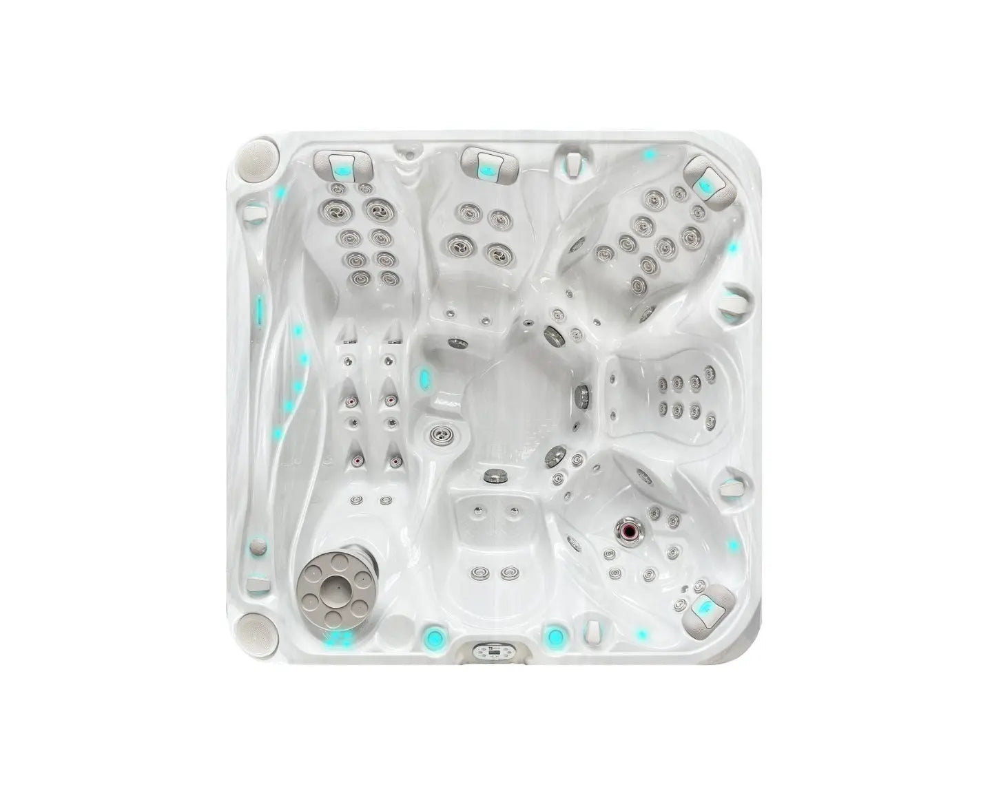 Witte 6-persoons jacuzzi met geïntegreerde jets en verlichting, perfect als swimspa of jacuzzi buiten.