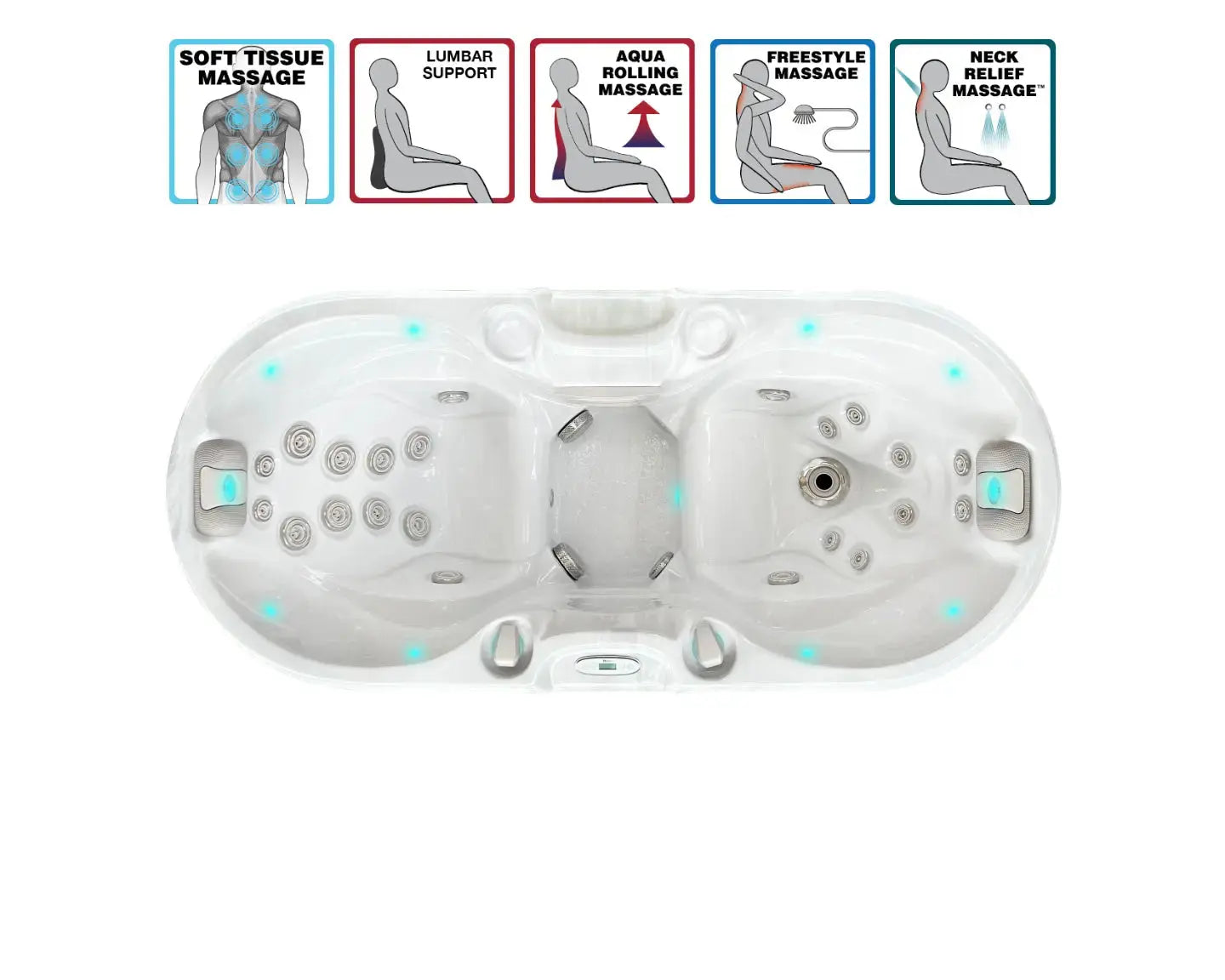 Witte 2-persoons jacuzzi buiten met verstelbare massagestralen en ergonomische zitplaatsen, swimspa ontwerp.