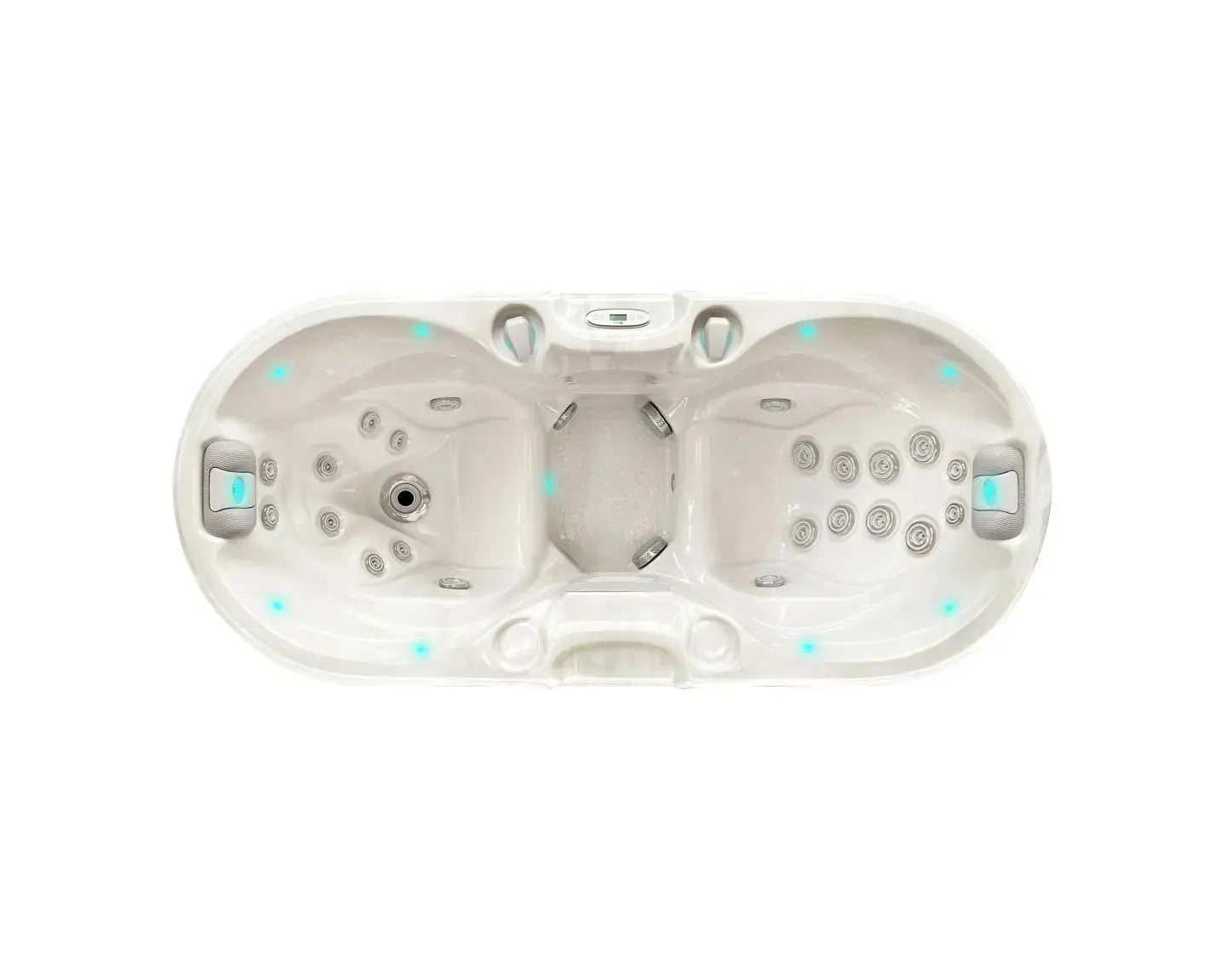 Witte 2 persoons jacuzzi met speelse zithoeken en geïntegreerde jets, perfecte swimspa voor buitengebruik.