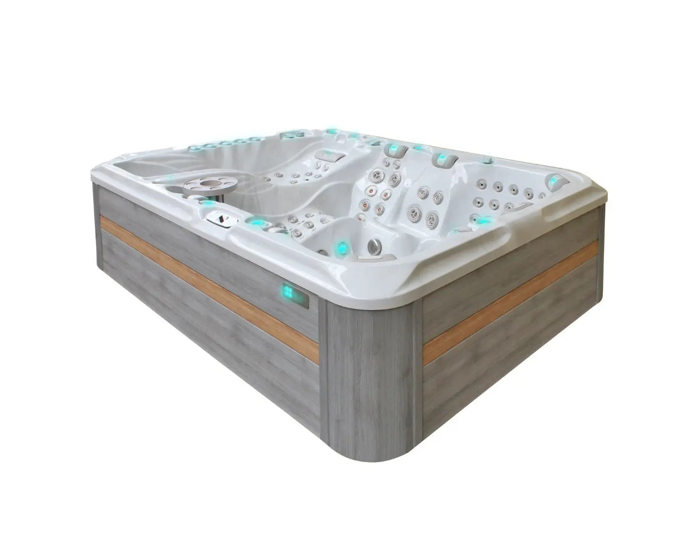 Exclusieve 7 persoons jacuzzi buiten met moderne zwemspa functies en LED-verlichting.