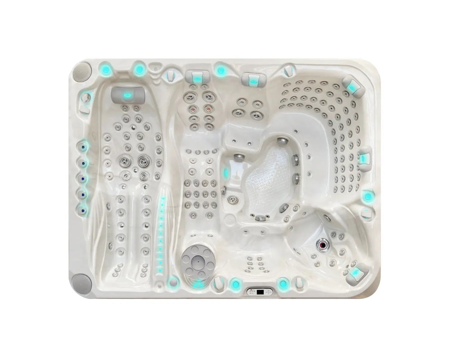 Witte 7-persoons jacuzzi met blauwe verlichting en diverse zit- en ligplekken, ideale swimspa voor buitengebruik.