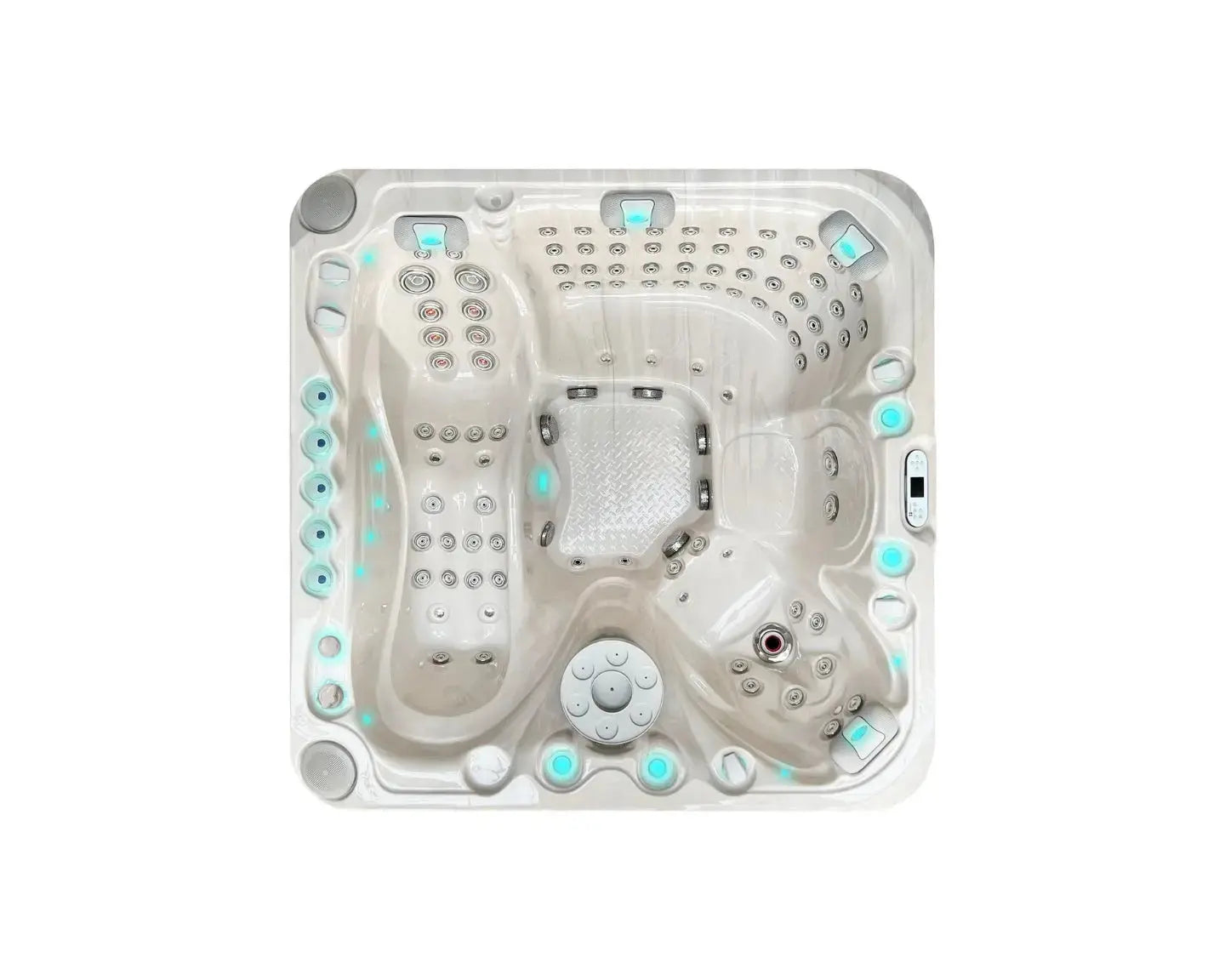 Lichtgrijze vijfpersoons jacuzzi buiten met blauwe verlichting en ergonomische zitplaatsen, ideale zwemspa voor ontspanning.