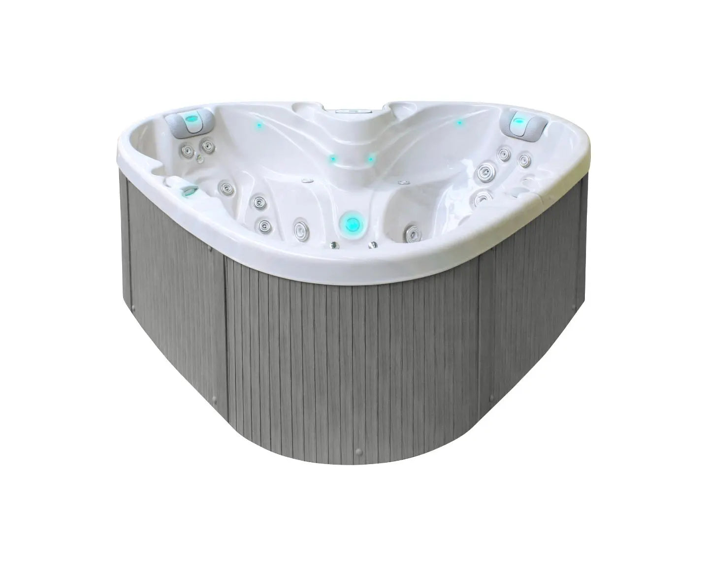 Witte 2-persoons jacuzzi buiten met grijze bekleding, swimspa ontwerp met zitplekken.