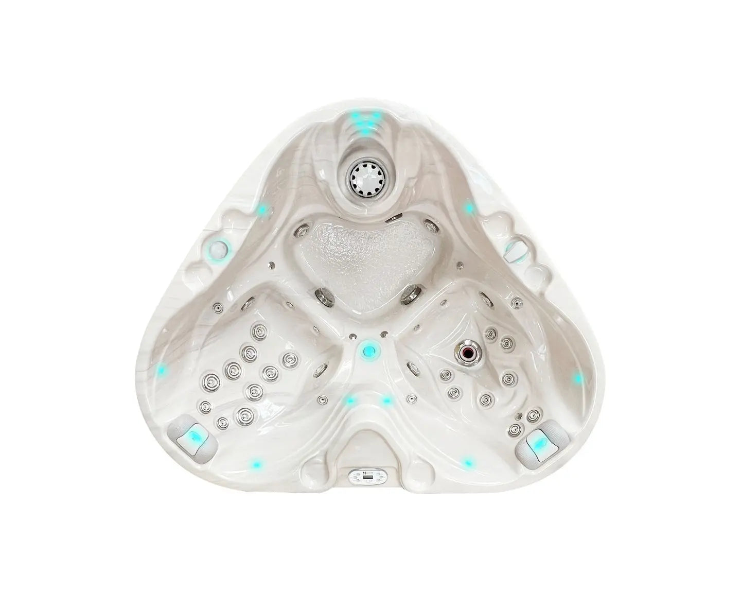 Lichtgrijze 2-persoons jacuzzi buiten met moderne jets en ergonomische zitplaatsen, ideale swimspa.