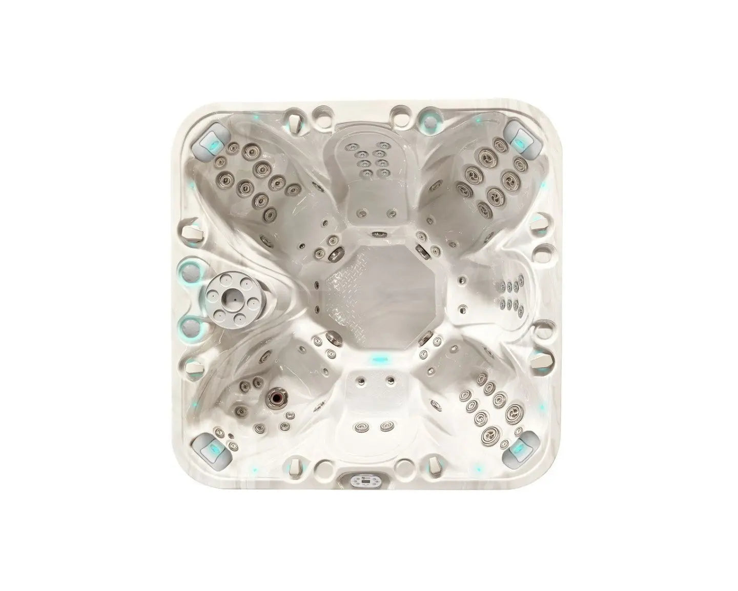 Witte 7-persoons jacuzzi met meerdere jets en ergonomische zitplaatsen voor buiten gebruik.