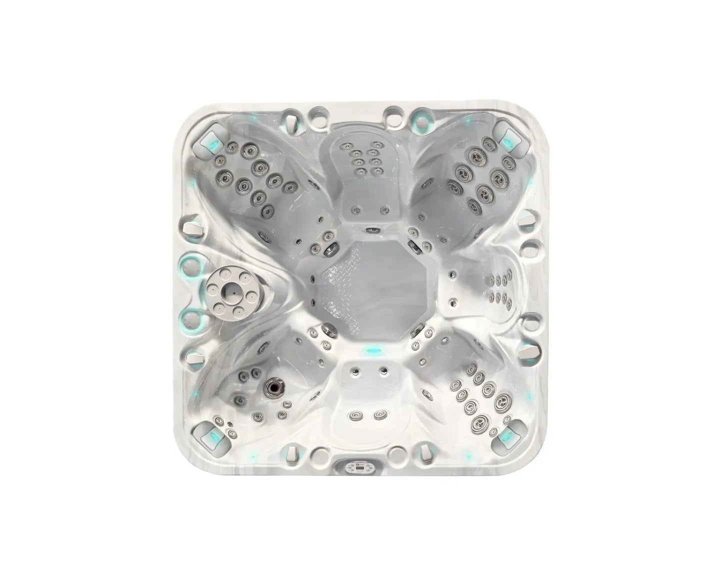 Witte 7-persoons jacuzzi swimspa met ligstoel en meerdere massagestralen, ideale jacuzzi buiten en zwemspa voor ontspanning.