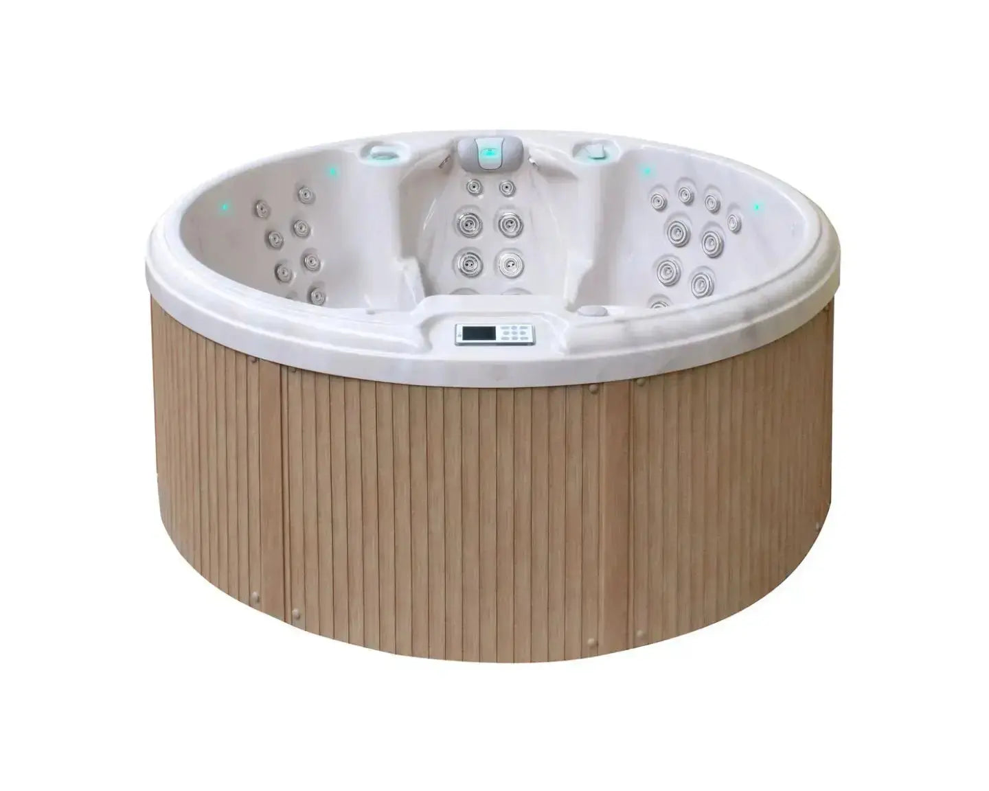 Ronde 7-persoons jacuzzi buiten met witte kuip en houten buitenkant, ideaal als zwemspa of swimspa.