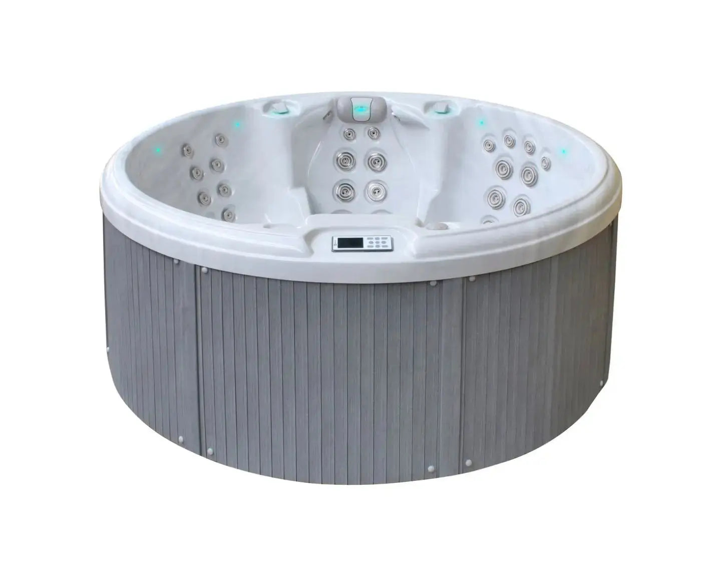 Ronde jacuzzi buiten met grijze zijkanten en wit interieur, geschikt voor 7 personen, ideale swimspa of zwemspa.