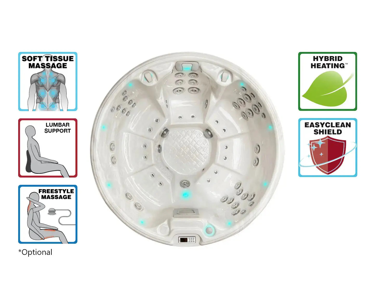 Ronde 7-persoons witte jacuzzi met verschillende massagejets, ideaal voor buiten en swimspa gebruik.