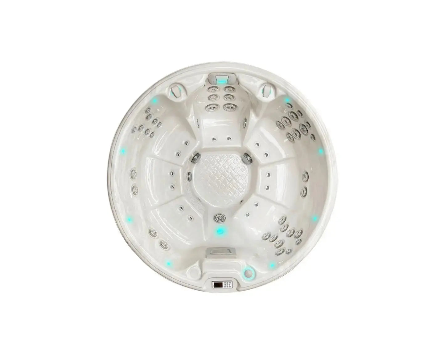 Ronde 7-persoons jacuzzi buiten met luxe zitplaatsen en geïntegreerde jets, ideale swimspa.