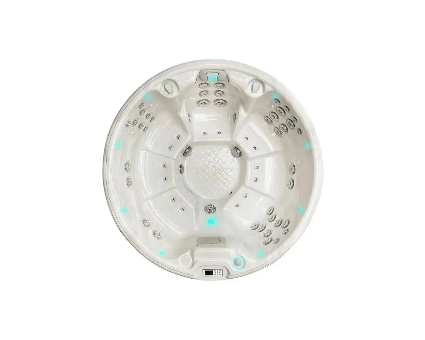 Ronde 7-persoons jacuzzi buiten met luxe zitplaatsen en geïntegreerde jets, ideale swimspa.