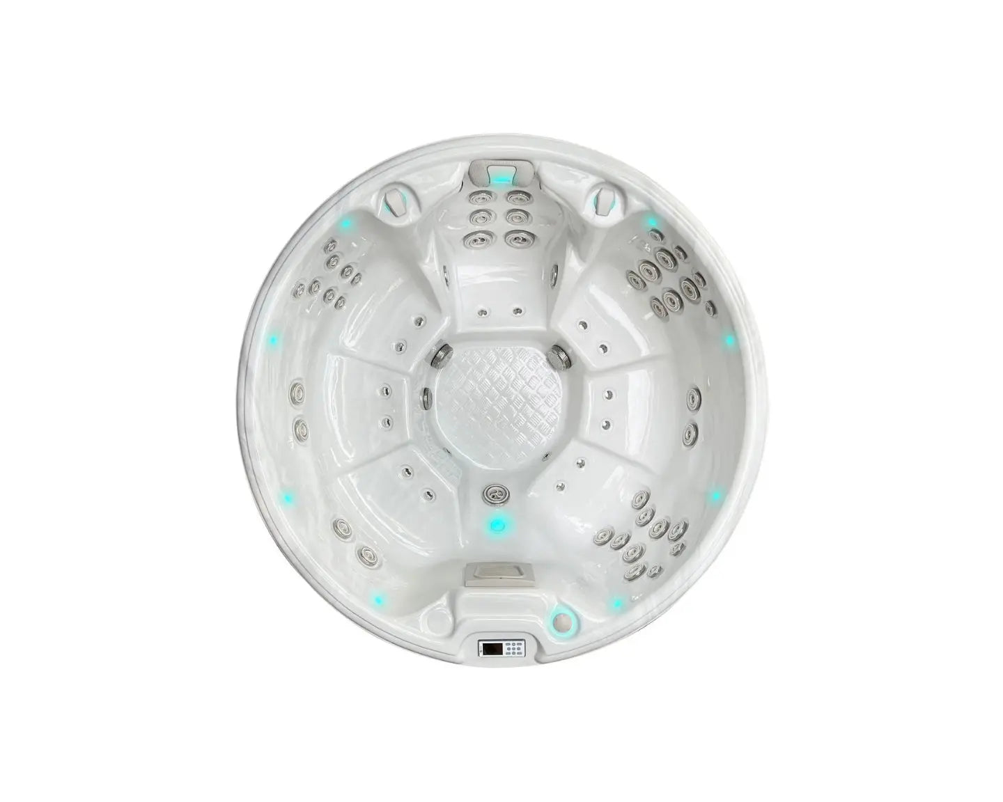 Ronde witte 7-persoons jacuzzi met meerdere jets en ingebouwde bedieningspanelen, perfect als swimspa of zwemspa voor buiten.