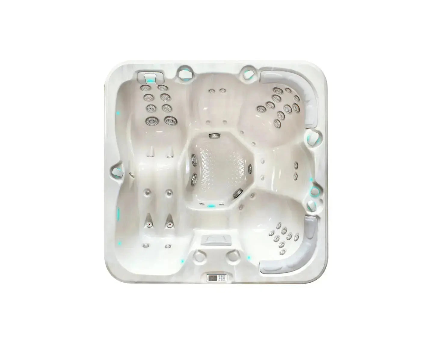 Witte 5-persoons jacuzzi met loungezitplaatsen en meerdere jets, perfecte swimspa voor buitengebruik.