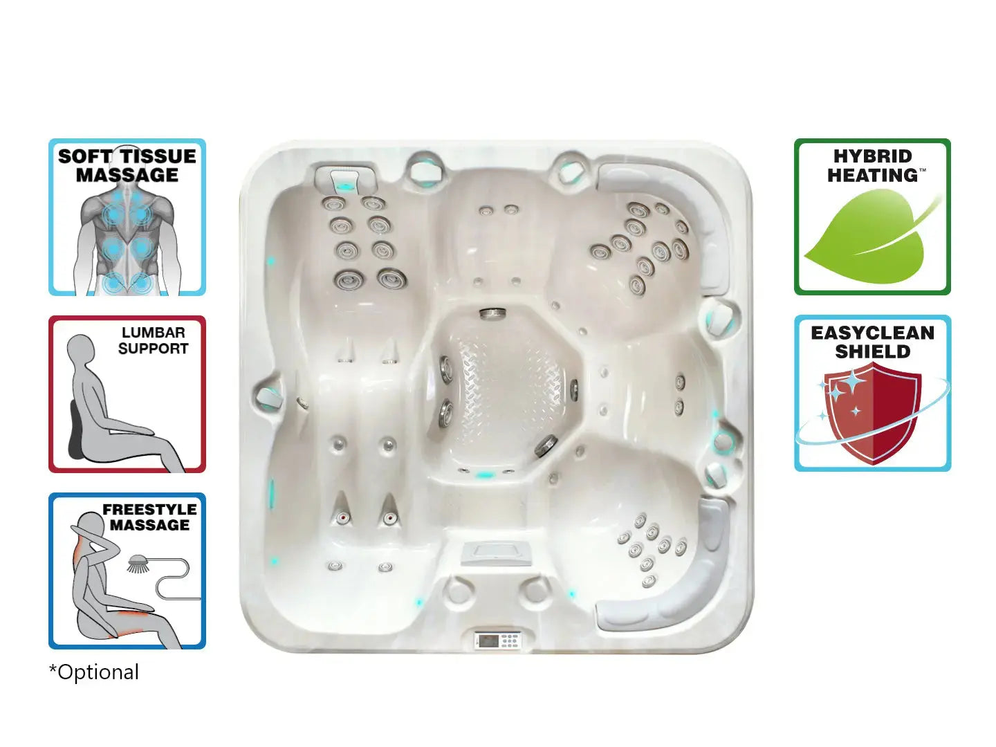 Witte 5-persoons jacuzzi buiten met comfortabele zitplaatsen en geïntegreerde massagejets voor swimspa ervaring.
