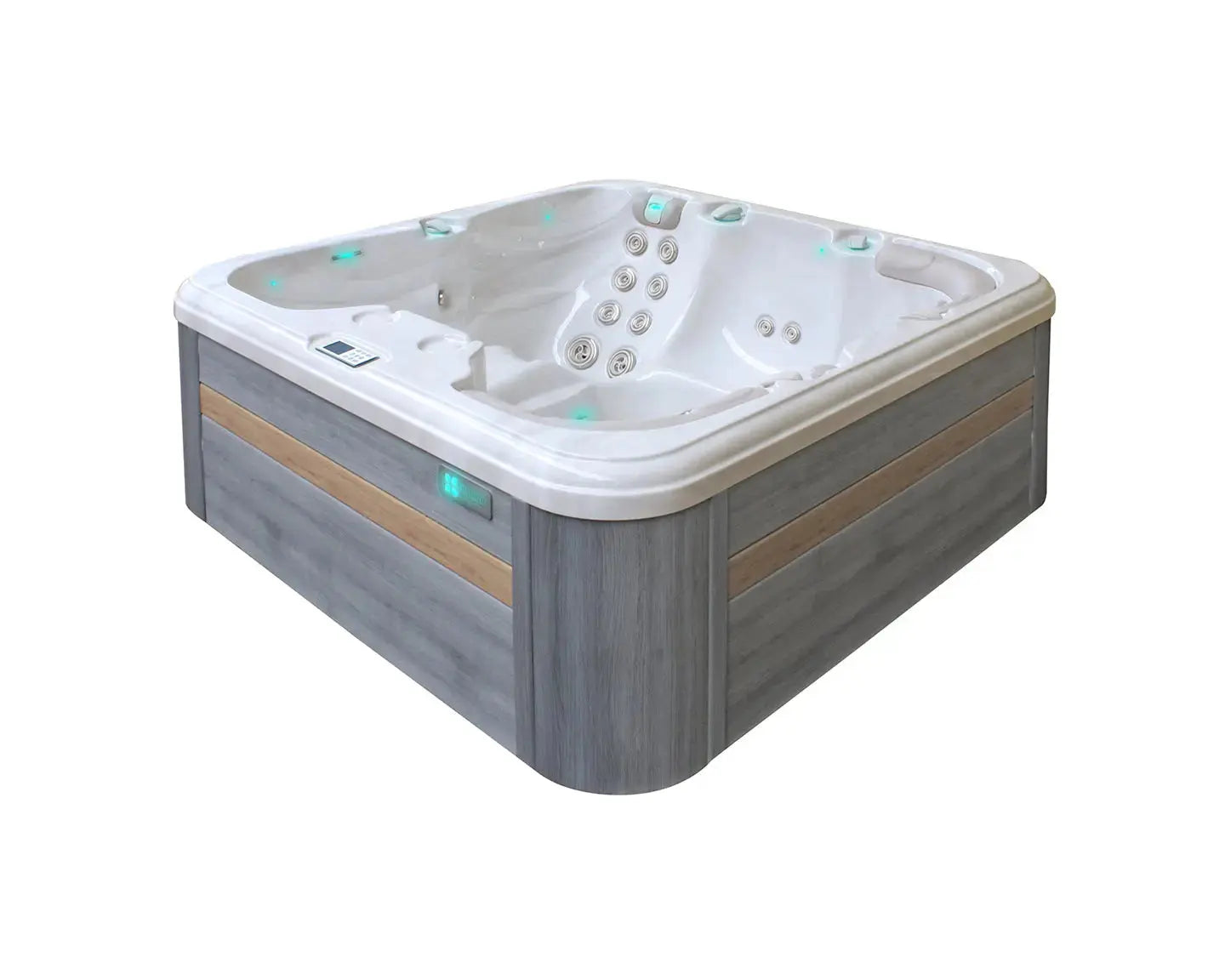 Moderne witte jacuzzi buiten met grijs houten omlijsting en ruime zitplaatsen voor 5 personen swimspa.