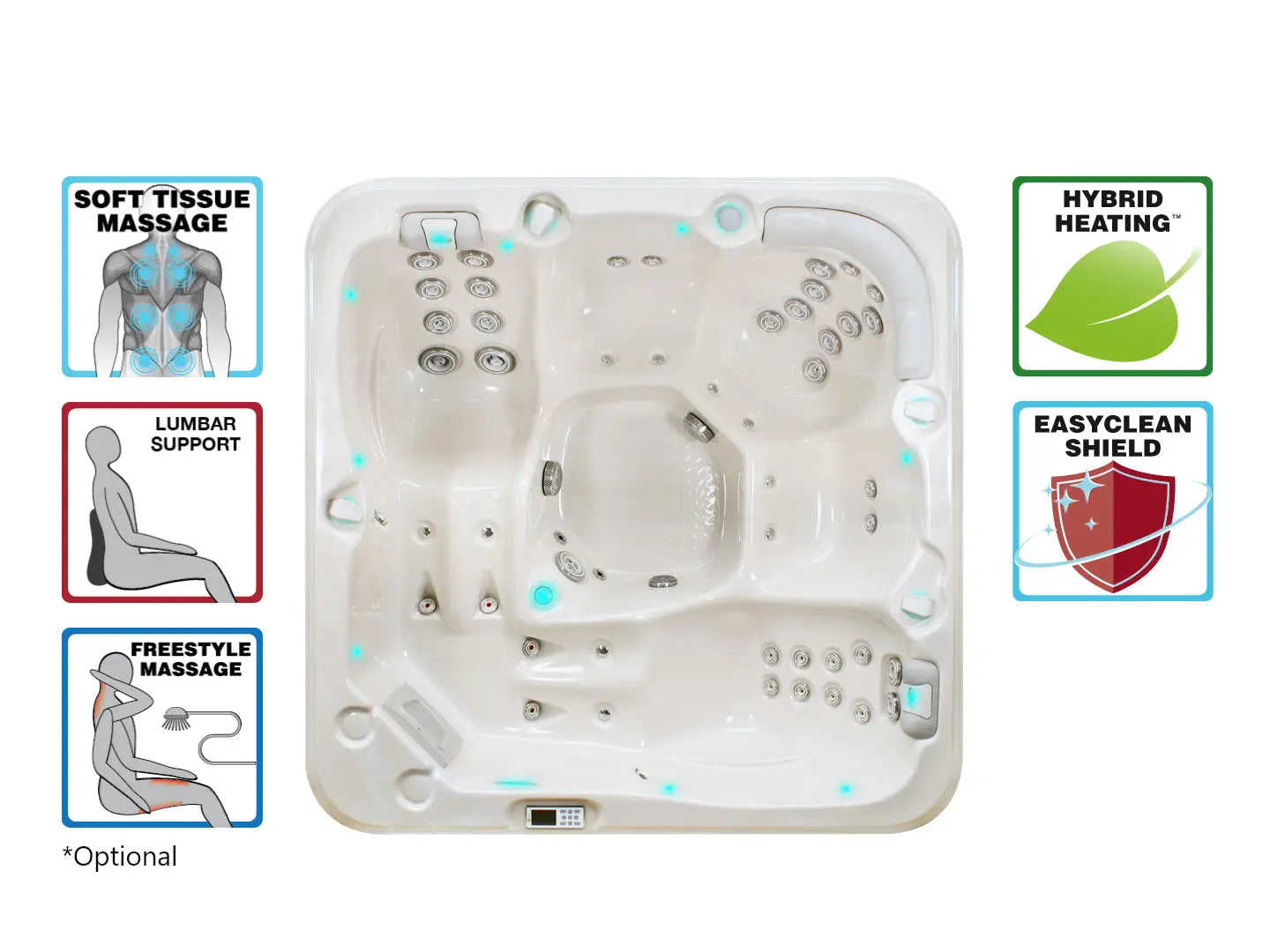 Witte 5-persoons jacuzzi met meerdere zitplaatsen en massagejets, ideaal als swimspa voor buitenomgeving.