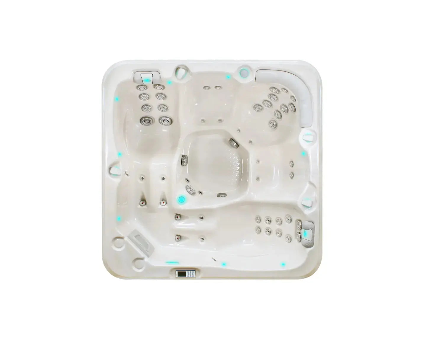 Witte 5-persoons jacuzzi met geïntegreerde zit- en ligplaatsen voor swimspa en jacuzzi buiten.