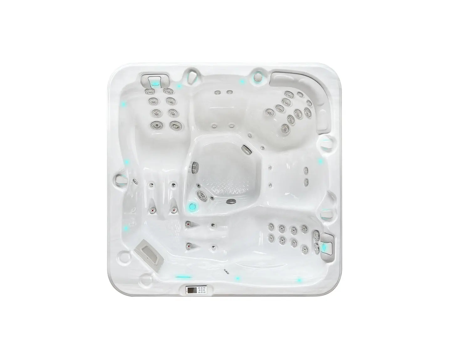 Witte 5-persoons jacuzzi buiten met meerdere zitplaatsen en geïntegreerde jets voor swimspa ervaring.