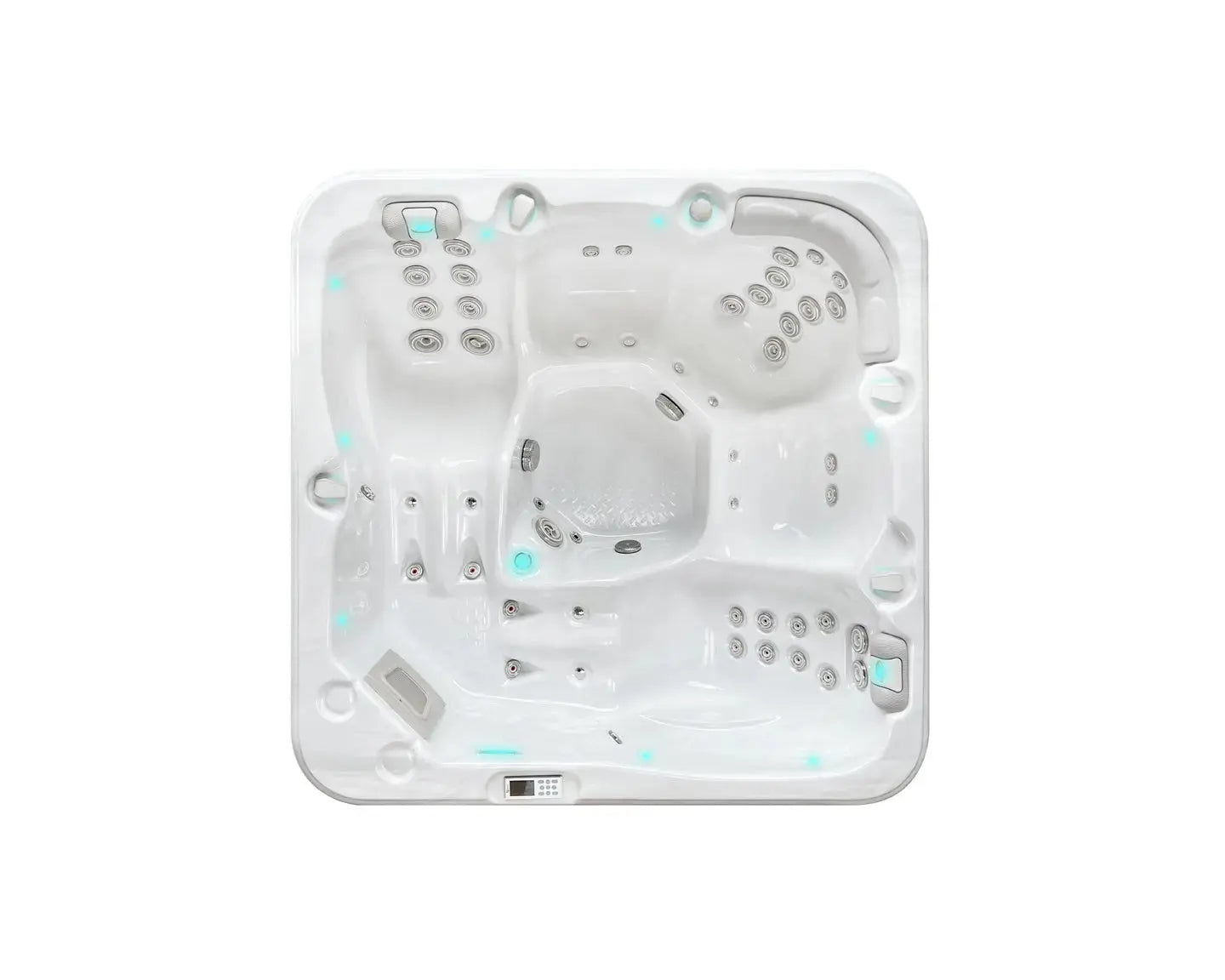 Witte 5-persoons jacuzzi buiten met meerdere zitplaatsen en geïntegreerde jets voor swimspa ervaring.