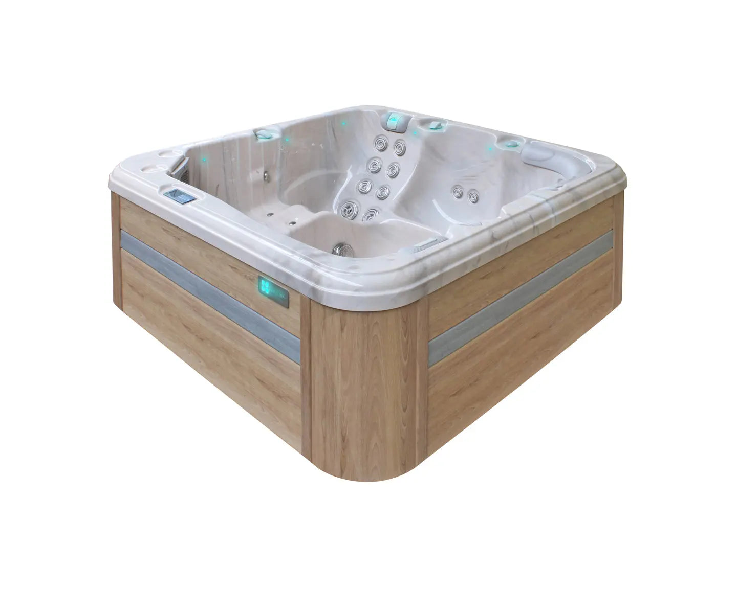 Moderne 5-persoons jacuzzi met houten buitenkant, ideaal als swimspa of zwemspa voor buitengebruik.
