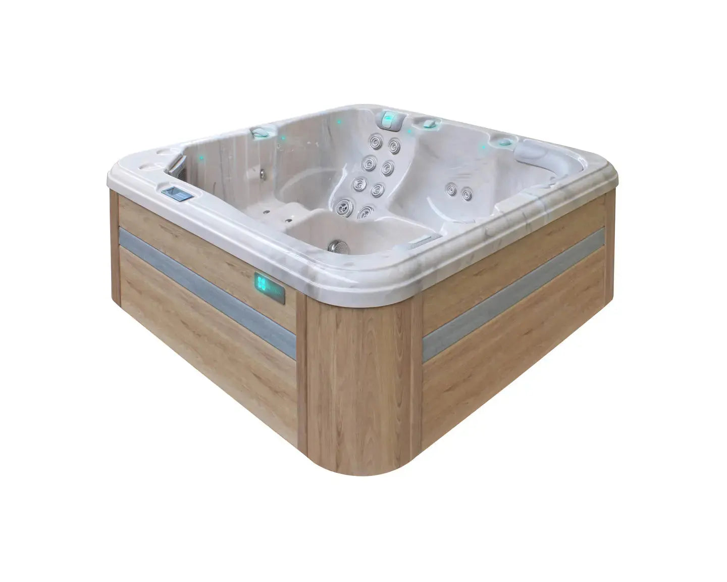 Moderne 5-persoons jacuzzi met houten buitenkant, ideaal als swimspa of zwemspa voor buitengebruik.