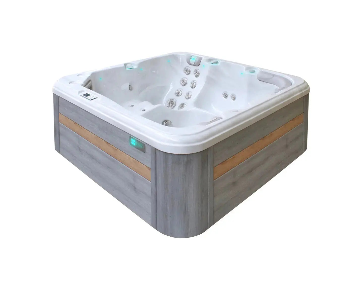 Moderne 5-persoons jacuzzi met wit interieur en grijs houten buitenkant, ideaal als zwemspa buiten.