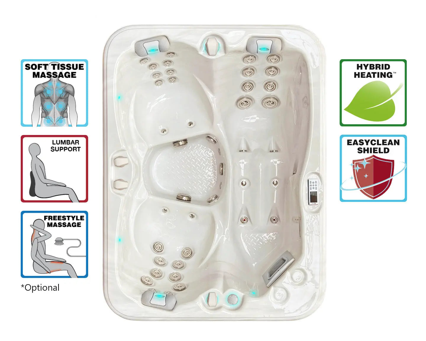 Witte 3-persoons jacuzzi met ligstoel en zittende massagestralen, perfect voor jacuzzi kopen buiten, swimspa en zwemspa.