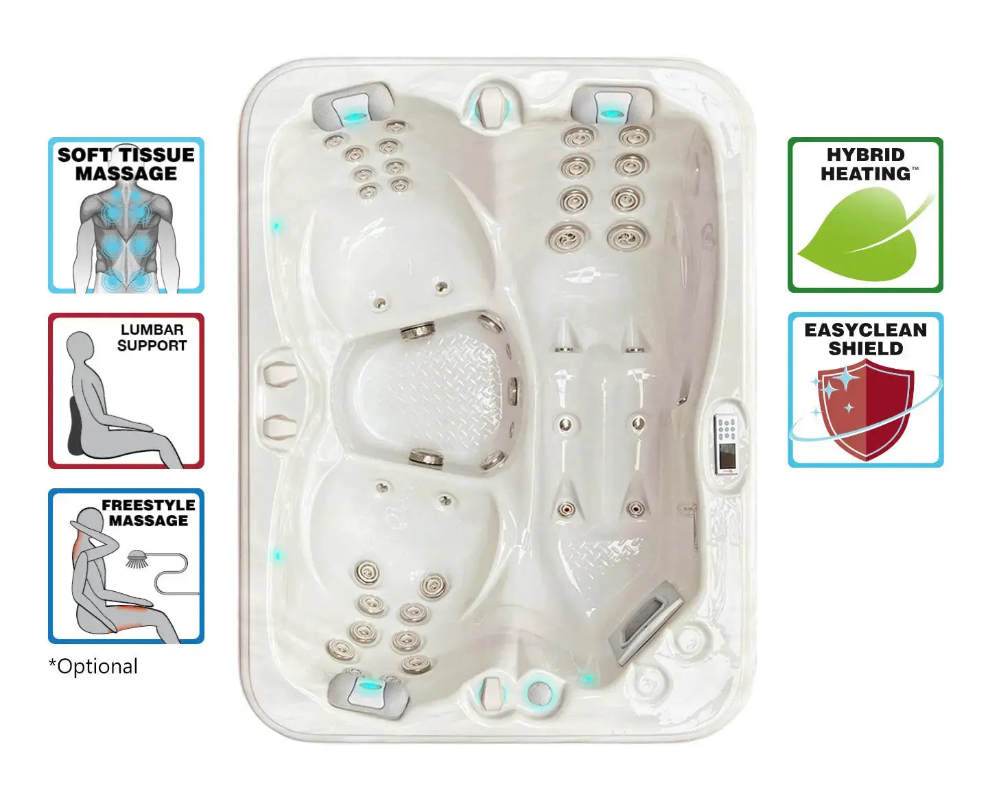 Witte 3-persoons jacuzzi met ligstoel en zittende massagestralen, perfect voor jacuzzi kopen buiten, swimspa en zwemspa.