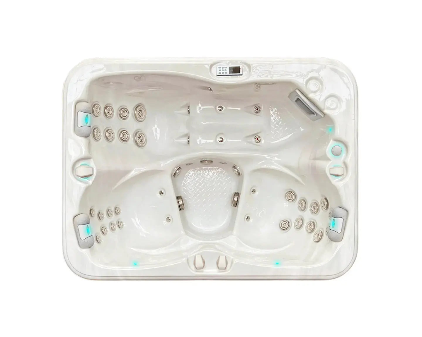 Witte 3-persoons jacuzzi met meerdere jets en geïntegreerd bedieningspaneel voor buitengebruik.