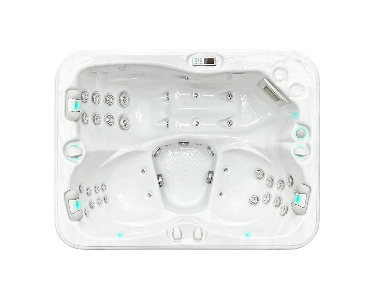Witte 3-persoons jacuzzi met meerdere jets en bedieningspaneel, ideale swimspa voor buitengebruik.