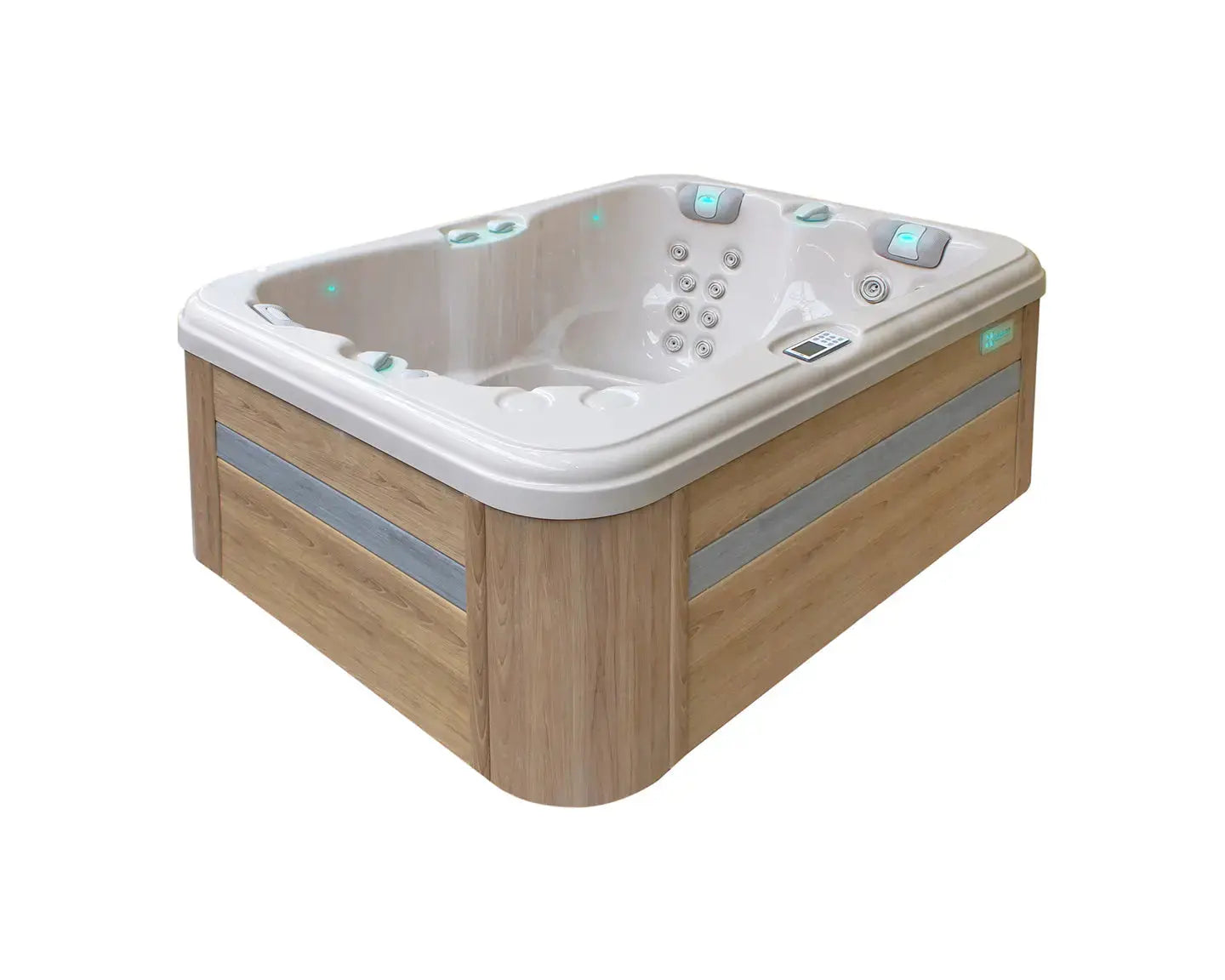 Luxe 3-persoons jacuzzi met houten behuizing en comfortabele zitplaatsen, ideaal als zwemspa of swimspa buiten.