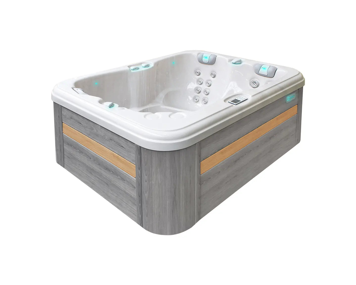 Driepersoons jacuzzi buiten met grijze houten zijpanelen en wit interieur, ideale swimspa.