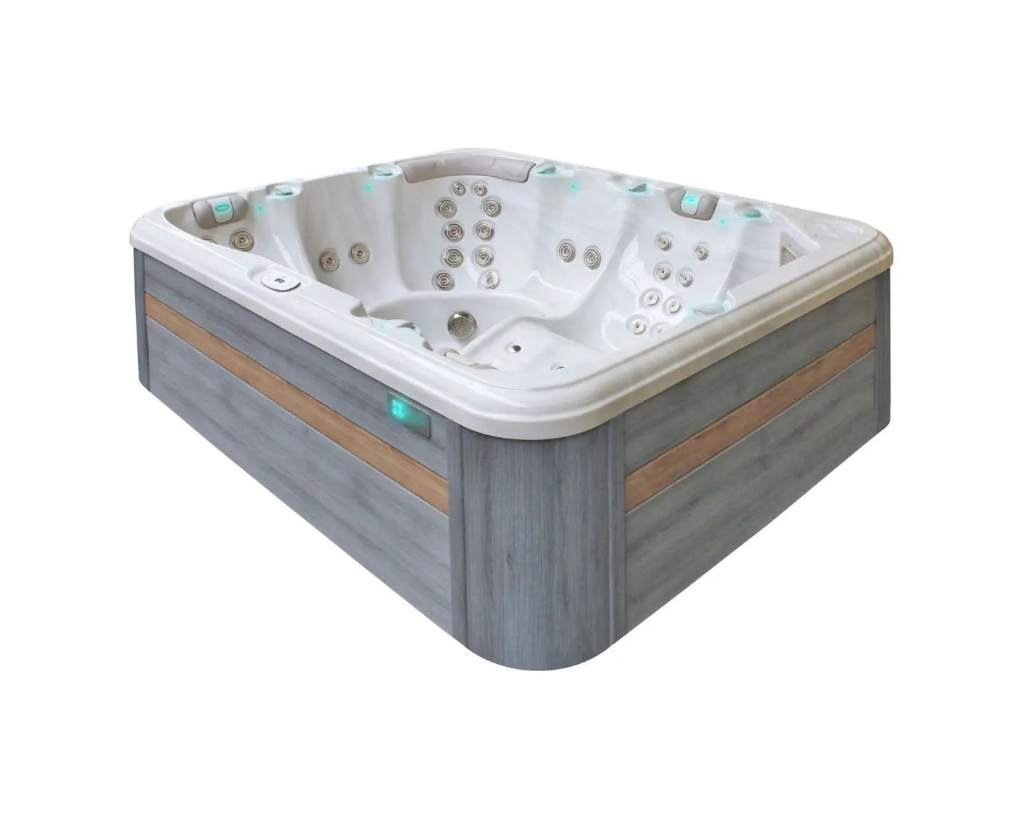 6 persoons spa met houten buitenkant en wit interieur, ideale jacuzzi buiten of zwemspa voor ontspanning.