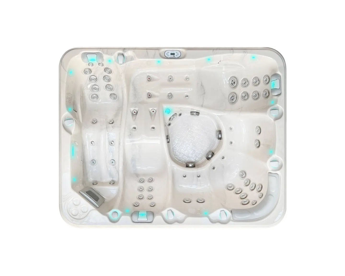 Witte 6-persoons jacuzzi buiten met meerdere jets en ergonomische zitplaatsen, ideale swimspa.