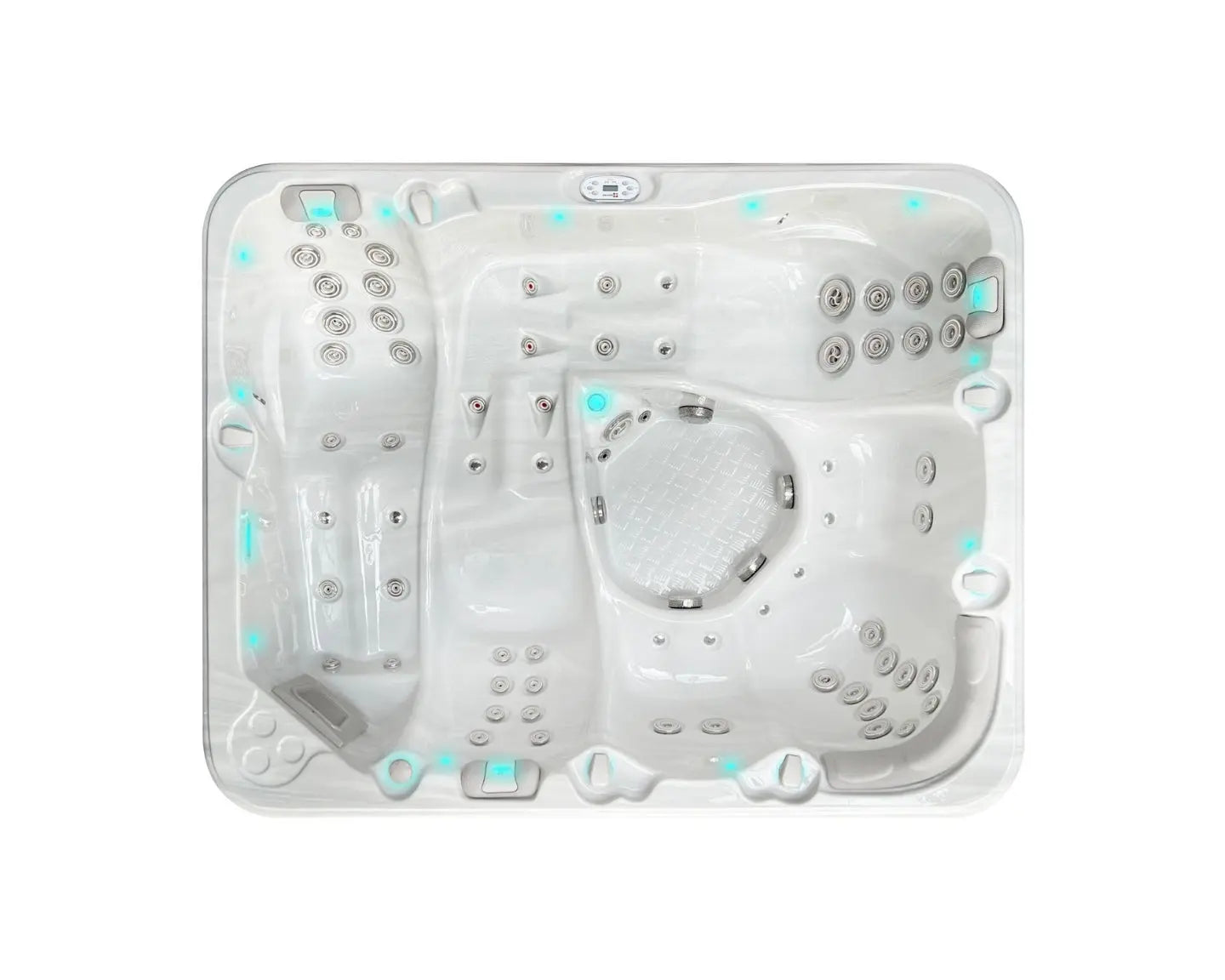 Witte Spa Repose jacuzzi met 6 zitplaatsen en blauwe ledverlichting, ideale swimspa voor buitengebruik.